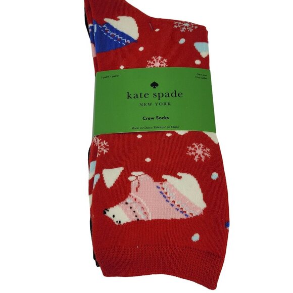 Kate Spade Crew Socks 3-pair Polar Bear Winter Polka dot Solid Black OS NWT - Picture 1 of 6